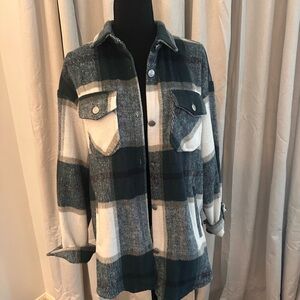 Plaid Button-Front Shacket Jacket - Green & Cream